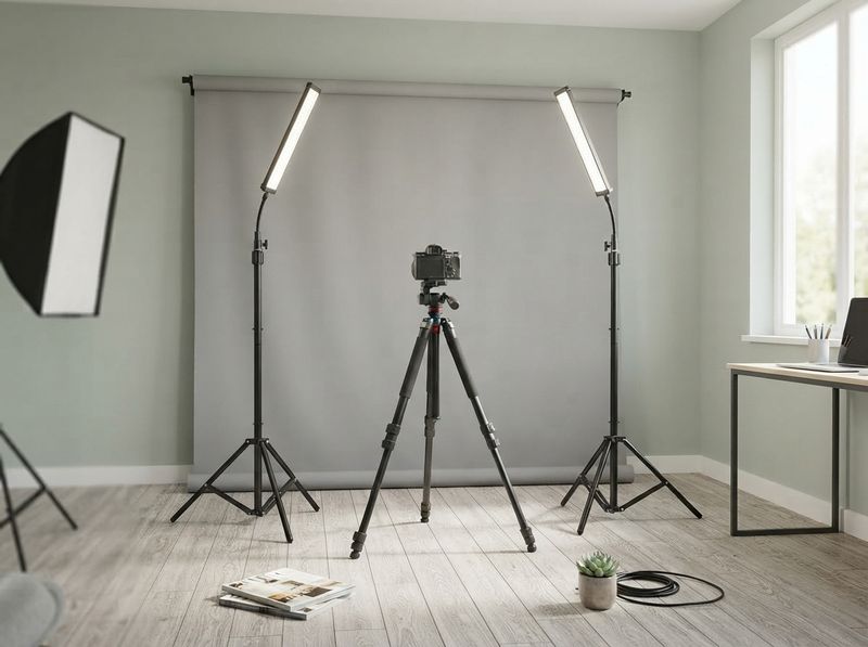 Two LED wand sticks lighting a seated creator at a desk