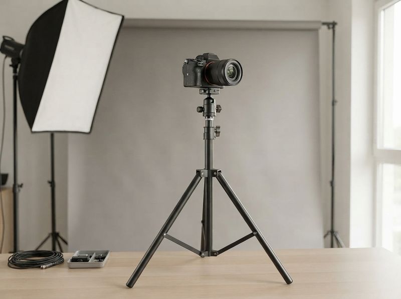 Light stand at full height holding an umbrella and strobe on carpet