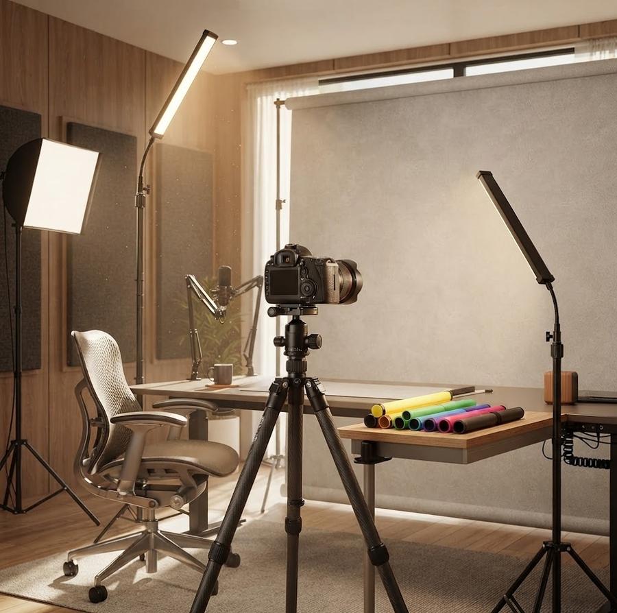 LED wand on a bendable gooseneck curved over a desk for a top-down shot