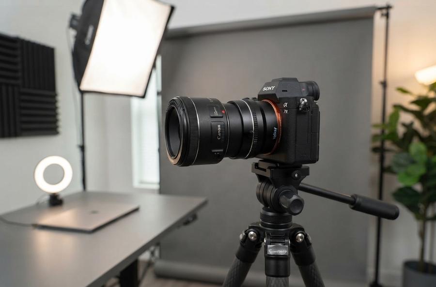 Canon EF lens mounted to a Sony E-mount body through an adapter ring